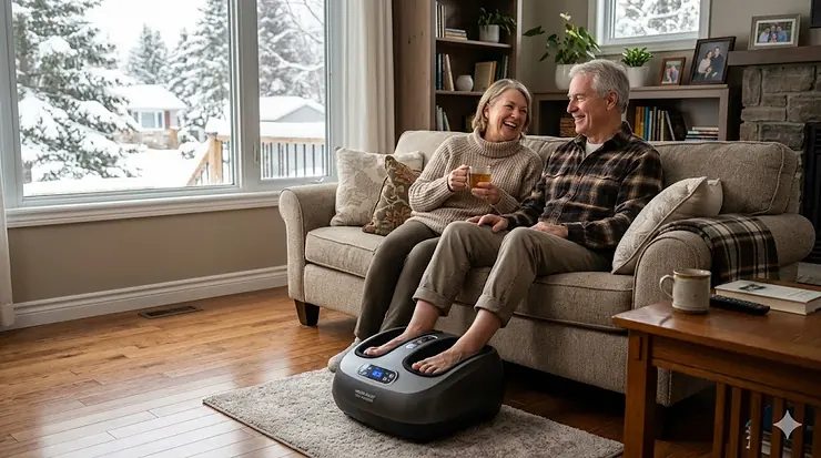 A senior man in a cozy Canadian home smiling while using an electric foot massager on his feet to help relieve chronic neuropathy pain and improve lower body circulation. do foot massagers help with neuropathy