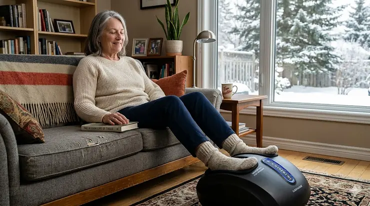 A person using an electric foot massager for neuropathy relief in a cozy Canadian home during winter, helping soothe nerve pain and improve poor circulation.