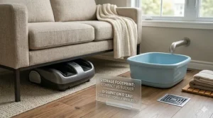 Illustration comparing the storage difference between a compact, portable electric foot massager and a larger water-drainage foot spa basin.