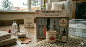 Anatomy chart mapping out pressure points and wellness benefits stimulated while using a heated home pedicure foot spa massager.