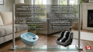 A decision matrix illustration helping consumers understand the foot spa vs foot massager difference to make the right purchase for their home wellness routine.