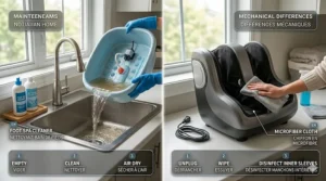 Illustration showing the maintenance and setup differences between a water foot spa (bain de pieds) and an easy plug-in electric foot massager (masseur de pieds).