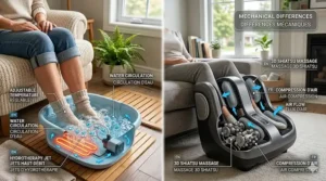 Infographic diagram explaining the main foot spa vs foot massager difference, comparing water-based hydrotherapy with dry mechanical rollers and electric air compression.
