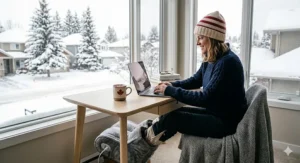 Alt text for image 3: An ergonomic winter foot warmer massager under a desk for a comfortable home office setup during Canadian winters.