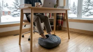 An illustration of a heated foot massager placed under a desk, perfect for staying warm while working from home in Canada.