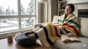 A Canadian self-care scene featuring a heated foot massager used for relaxation on a rainy or snowy evening.