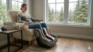 Lifestyle illustration of a Canadian relaxing indoors with an electric foot massager, showcasing a convenient alternative to a traditional water foot spa.