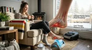 Illustration demonstrating cold therapy using an ice ball massager for plantar fasciitis heel pain.
