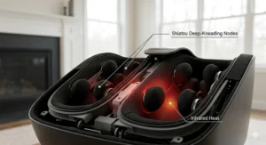 Illustration of the rhythmic kneading and air compression motion of a foot massager simulating human hand movements.