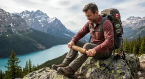 An outdoor enthusiast using a manual massage roller for leg recovery after hiking in the Canadian Rockies.