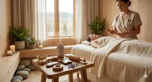Traditional manual wooden massage tools used for holistic wellness and relaxation in a Montreal spa setting.