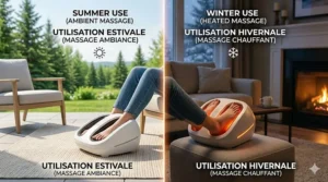 An illustration detailing muscle recovery benefits for Canadian hikers and skaters using a foot massager with heat vs without.