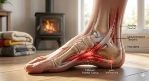 Medical illustration highlighting the inflamed plantar fascia ligament and common foot pain points.