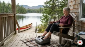 An active Canadian adult relaxing outdoors after a walk, using a portable foot massager to help manage nerve pain and neuropathy discomfort.
