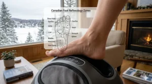 Illustration of warm foot recovery after ice skating or skiing using a heated shiatsu foot massager.