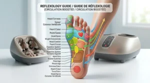 Bilingual reflexology chart mapping pressure points targeted by a foot massager for circulation / massageur de pieds pour la circulation.