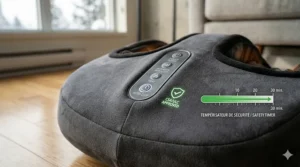 Illustration highlighting the safety features and auto-shutoff timer of a heated foot massager.