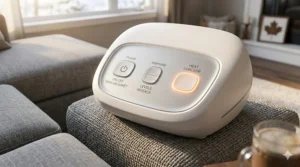 Illustration of Canadian safety features and automatic shut-off timers on a foot massager with heat vs without.