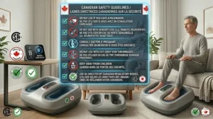 Safety icon checklist for using a foot massager for circulation safely in Canada, highlighting health precautions.