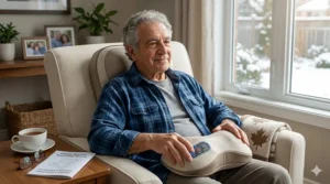 A diverse Canadian senior sitting comfortably in a lounge chair using a simplified back massager for muscle relief.