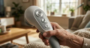 Illustration of a senior-friendly massager with large, clear buttons and high-contrast labels for easy use.