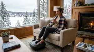 A side-by-side comparison of a shiatsu foot massager and a kneading massager in a cozy Canadian living room setting with a warm blanket.