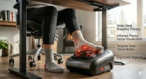 Canadian remote worker using an under-desk foot massager for plantar fasciitis relief during the workday.