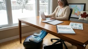 A Canadian remote worker using an under-desk foot massager for neuropathy to ease nerve pain while working from home.