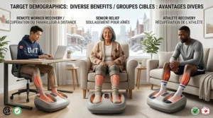 Illustration representing diverse Canadians, including seniors and athletes, who use a foot massager for circulation.