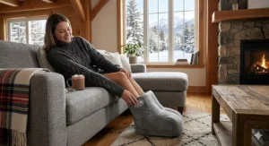 Alt text for image 1: A person relaxing in a cozy Canadian home using a winter foot warmer massager while snow falls outside the window.