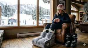 Alt text for image 2: Relaxing with an electric winter foot warmer massager after a day of skiing in Whistler or Mont-Tremblant.