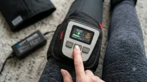 User adjusting intensity levels on the best calf massager for custom comfort.