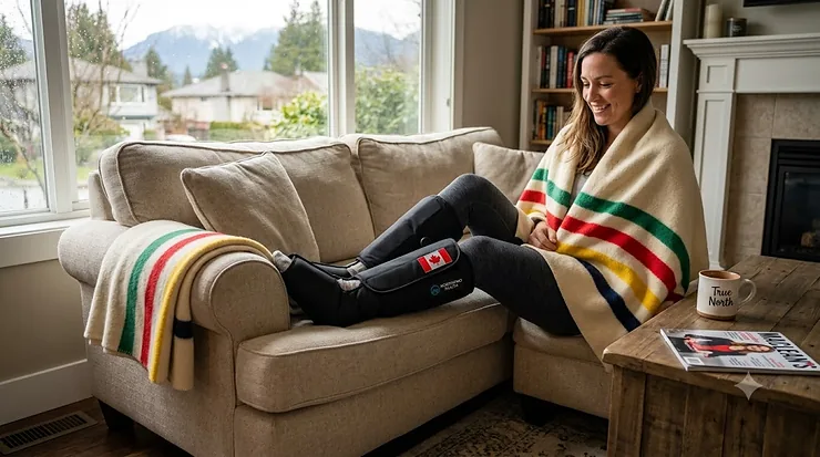 Person relaxing at home using the best calf massager for muscle recovery.