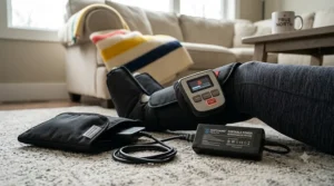 Portable best calf massager being used comfortably on a living room sofa.