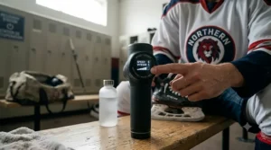 Selecting speed settings on a hockey player recovery massager.