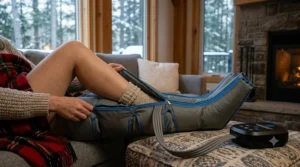 Illustration comparing tired, aching muscles to the relief provided by a daily air compression leg massager routine.