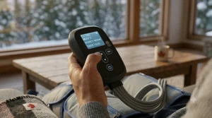 Close-up of the handheld remote controller used to adjust pressure levels on an air compression leg massager.
