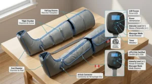 Diagram showing the heat and intensity settings of an air compression leg massager, labeled for Canadian consumers.