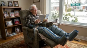 A Canadian senior citizen using an air compression leg massager to improve circulation and relieve leg fatigue at home.