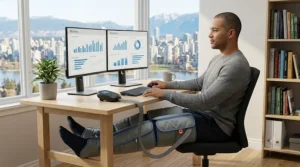 A remote worker in Canada using an air compression leg massager under their desk to relieve stiffness during the workday.