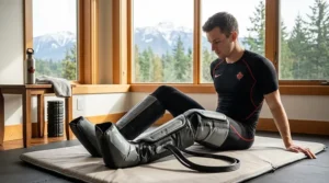 A male athlete using advanced, sequential air compression boots connected to a portable leg circulation machine for post-workout recovery.