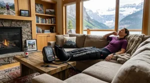 Professional athlete relaxing at home wearing recovery boots.