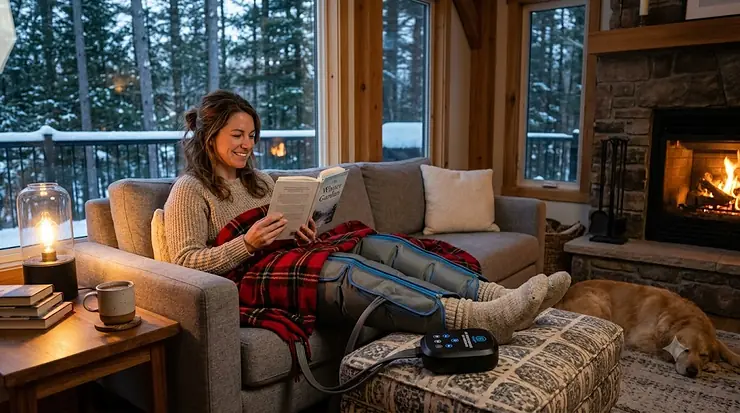 A person relaxing on a living room sofa in Canada using an air compression leg massager for muscle recovery during winter.