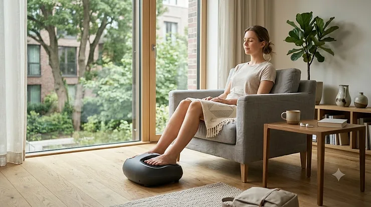 A person relaxing in a cozy living room using the best budget foot massager under $100 available in Canada, watching the snowfall outside.