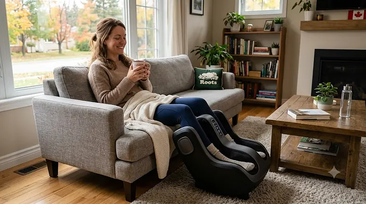 Person relaxing at home using a calf massager for sore muscles. / Personne se relaxant à la maison avec un masseur de mollets pour les muscles endoloris.