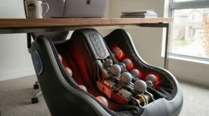 Calming heat feature on a calf massager for sore muscles. / Fonction de chaleur apaisante d'un masseur de mollets pour les muscles endoloris.