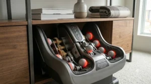 Storing a compact calf massager for sore muscles in a Canadian home. / Rangement d'un masseur de mollets compact pour muscles endoloris dans une maison canadienne.