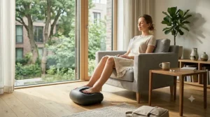 An airline passenger relaxing with a compact travel foot massager in a Canadian airport lounge during a long layover.