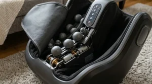 Close-up of calf massager for sore muscles showing deep tissue nodes. / Gros plan sur les nœuds profonds d'un masseur de mollets pour muscles endoloris.