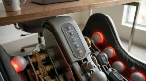 Easy-to-use digital controls on a calf massager for sore muscles. / Commandes numériques faciles d'un masseur de mollets pour les muscles endoloris.